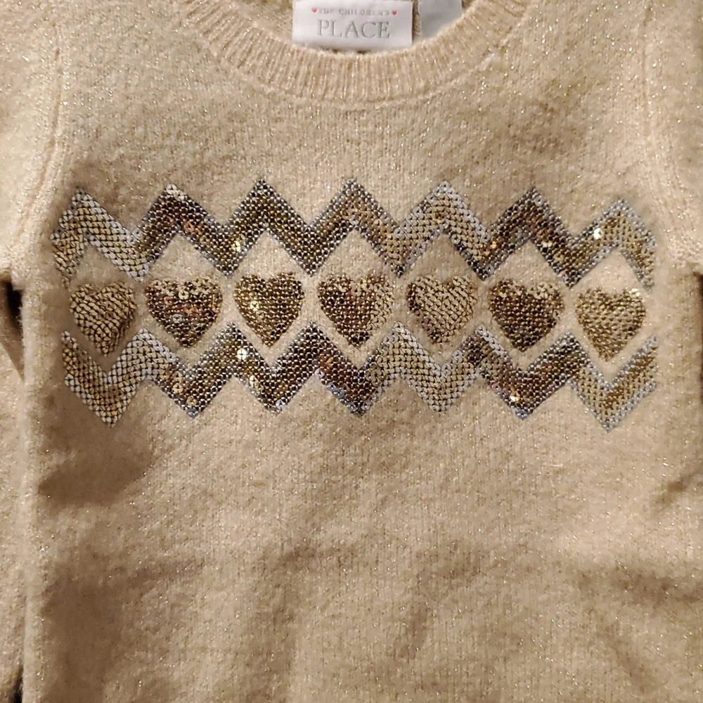 NWT The Children's Place Toddler Girls Toasted Cashew Sequin Hearts Sweater - 2T